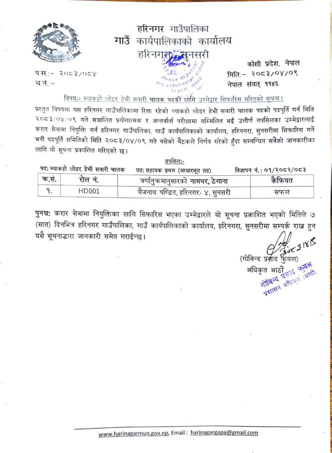 ब्याकहो लोडर हेभी सवारी चालक पदको लागी उम्मेद्वार सिफारीस गरिएको सूचना